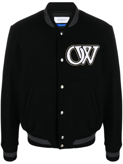 Shop Off-white Black Ow Wool Varsity Bomber Jacket