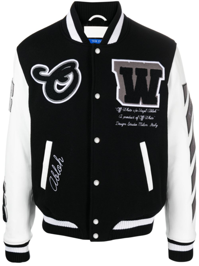 Shop Off-white Black Lea Appliqué Varsity Jacket