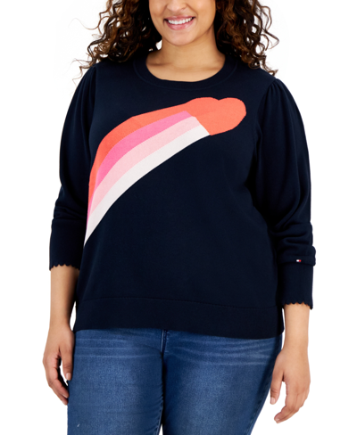 Shop Tommy Hilfiger Plus Size Heart Puff-sleeve Sweater In Sky Captain Multi