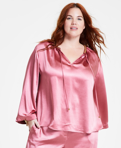 Shop Michael Kors Michael  Plus Size Chain-neck Bell-sleeve Satin Top In Dusty Rose