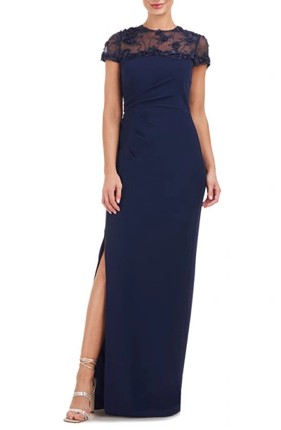 Shop Js Collections Laney Rosette Embroidered Mesh Yoke Sheath Gown In Navy