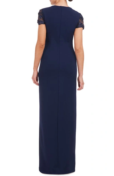 Shop Js Collections Laney Rosette Embroidered Mesh Yoke Sheath Gown In Navy