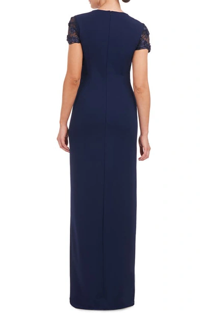 Js Collections Laney Rosette Embroidered Mesh Yoke Sheath Gown In Navy