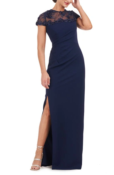 Shop Js Collections Laney Rosette Embroidered Mesh Yoke Sheath Gown In Navy