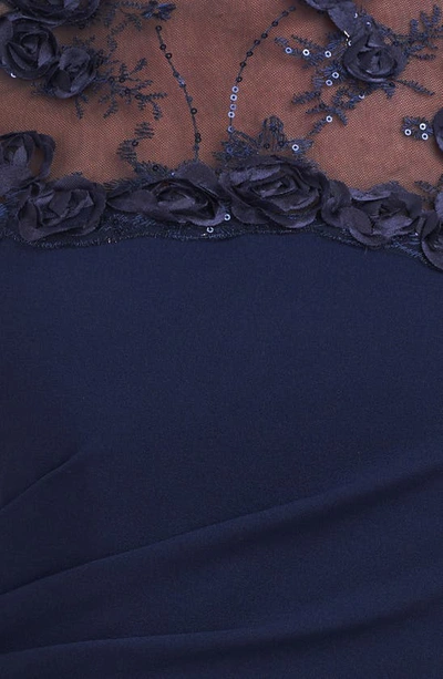 Js Collections Laney Rosette Embroidered Mesh Yoke Sheath Gown In Navy