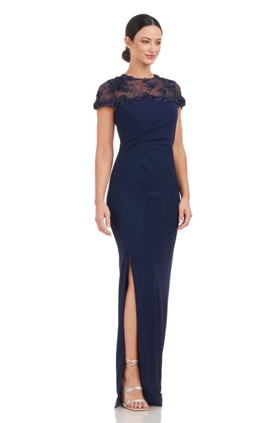 Shop Js Collections Laney Rosette Embroidered Mesh Yoke Sheath Gown In Navy