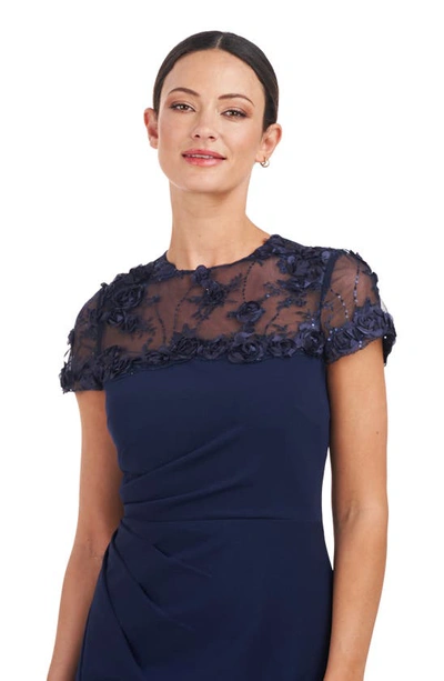 Js Collections Laney Rosette Embroidered Mesh Yoke Sheath Gown In Navy