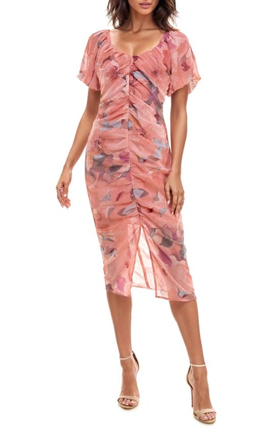 Shop Socialite Ruched Puff Sleeve Midi Dress In Pink Soft Floral