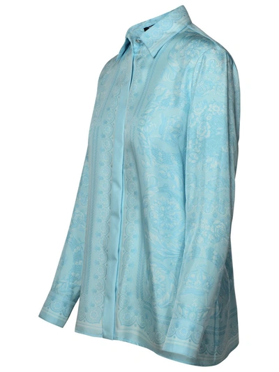 Shop Versace 'barocco' Light Blue Silk Shirt