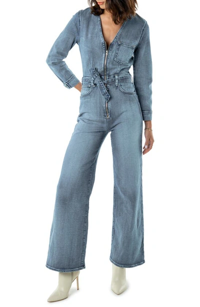 Shop Etica Lia Retro Belted Wide Leg Denim Jumpsuit In Horizon