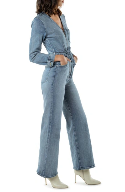 Shop Etica Lia Retro Belted Wide Leg Denim Jumpsuit In Horizon