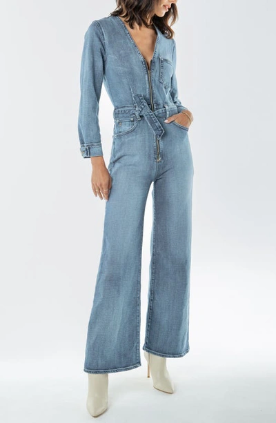 Shop Etica Lia Retro Belted Wide Leg Denim Jumpsuit In Horizon