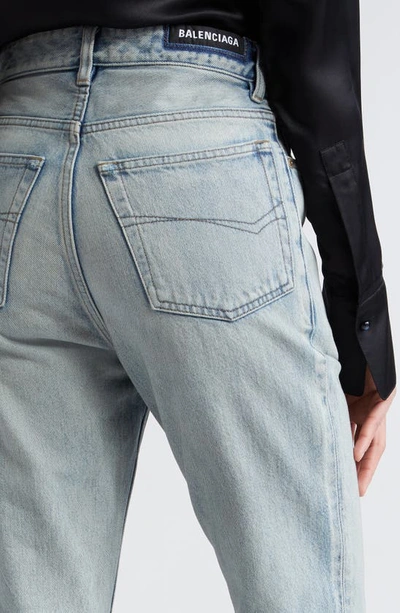 Shop Balenciaga High Waist Denim Bootcut Pants In Dirty Blue