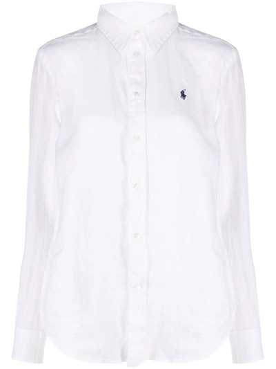 Shop Polo Ralph Lauren White Shirt With Contrasting Logo Embroidery In Stretch Cotton Woman