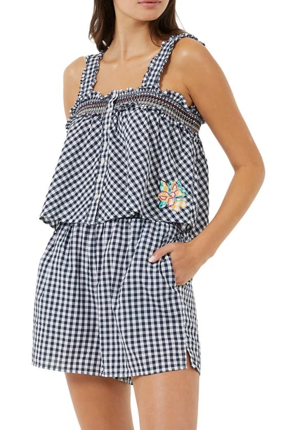 Shop French Connection Adla Gingham Smocked Top In Marine-linen White Multi