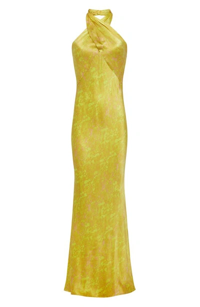 Shop L Agence Estee Snake Print Twist Neck Silk Maxi Dress In Lemon Tonic Multi Python Snake