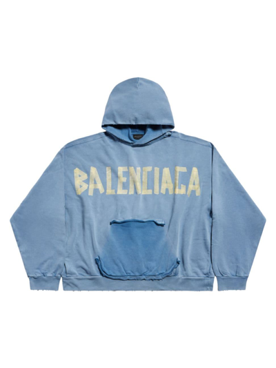 Shop Balenciaga Tape Type Ripped Pocket Hoodie In Faded Blue