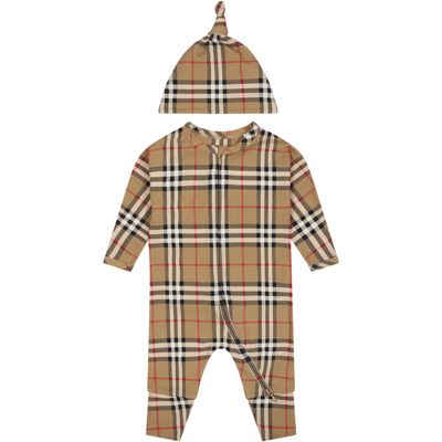 Shop Burberry Beige Set For Babykids With Vintage Check