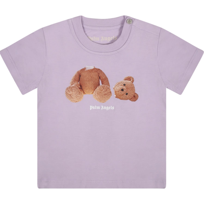 Shop Palm Angels Purple T-shirt For Baby Girl With Bear In Violet