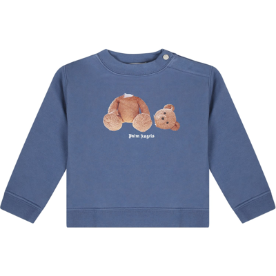 Shop Palm Angels Blue Sweatshirt For Baby Girl With Bear
