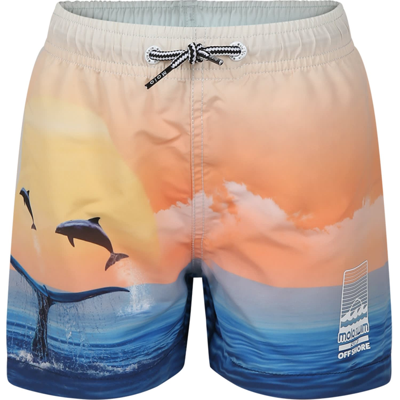 Shop Molo Orange Swimsuit For Boy With Dolphins In Multicolor