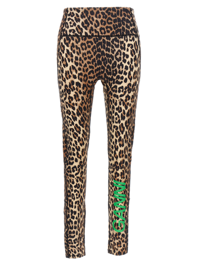 Shop Ganni Logo Leopard Leggings In Multicolor