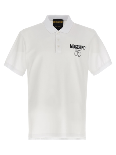 Shop Moschino Double Smile Polo Shirt In White/black