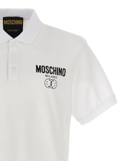Shop Moschino Double Smile Polo Shirt In White/black