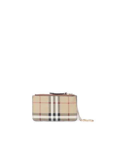 Shop Burberry Canvas Key Ring With Check Pattern In Archive Beige