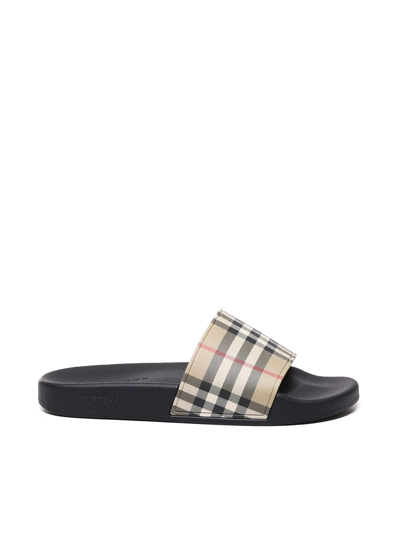 Shop Burberry Slippers With Printed Vintage Check Motif In Archive Beige Ip Chk