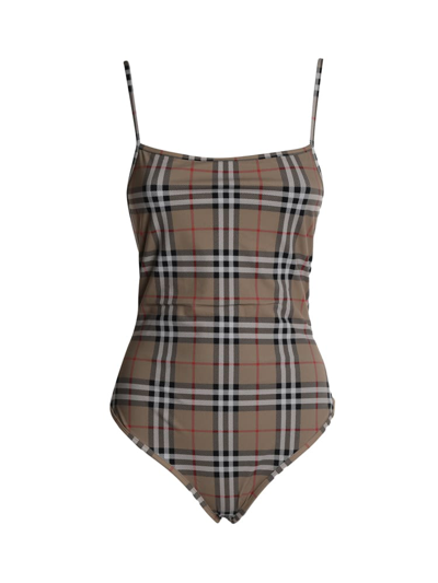 Shop Burberry One-piece Swimsuit With Vintage Check Pattern In Archive Beige Ip Chk