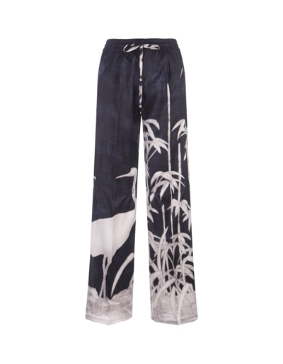Shop Kiton Printed Silk Drawstring Trousers In Blue
