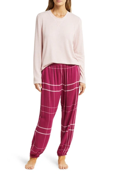 Shop Papinelle Feather Soft Top & Plaid Jogger Pajamas In Dark Raspberry/ Pink