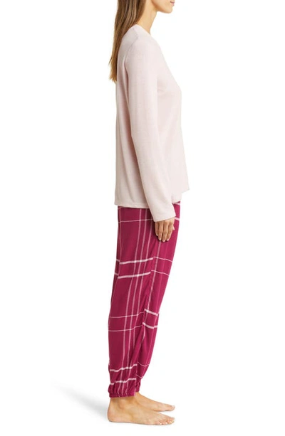 Shop Papinelle Feather Soft Top & Plaid Jogger Pajamas In Dark Raspberry/ Pink