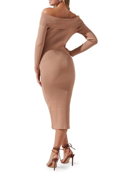 Shop Astr Cutout Off The Shoulder Long Sleeve Midi Sweater Dress In Tan