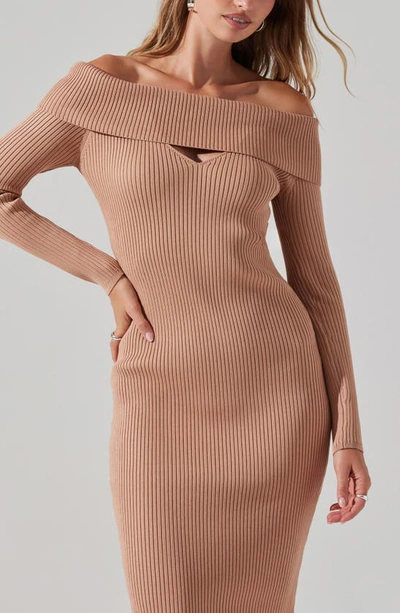 Shop Astr Cutout Off The Shoulder Long Sleeve Midi Sweater Dress In Tan
