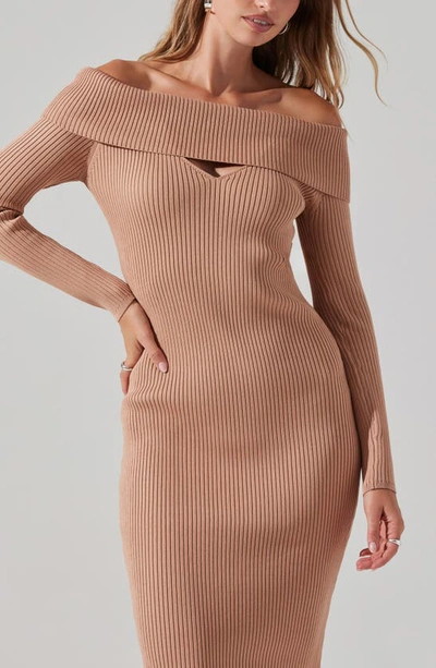 Astr Cutout Off The Shoulder Long Sleeve Midi Sweater Dress In Tan