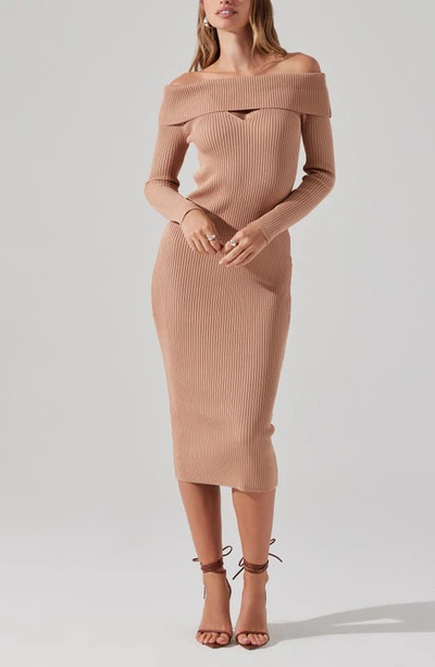 Shop Astr Cutout Off The Shoulder Long Sleeve Midi Sweater Dress In Tan