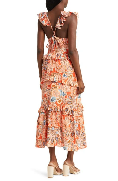 Shop Misa Morrison Floral Tiered Ruffle Cotton Dress In Tangerine Flora