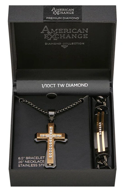 Shop American Exchange Goldtone Plated Stainless Steel Diamond Cross Necklace & Bracelet 2-piece Set In Gun