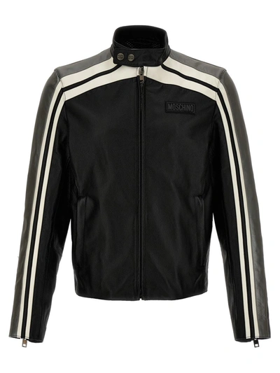Shop Moschino Leather Jacket With Contrasting Bands In Black