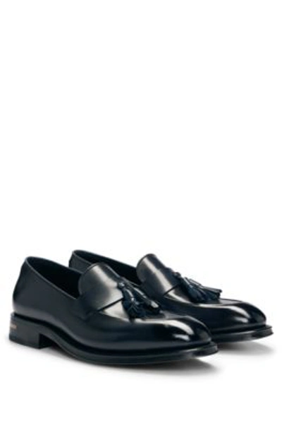 Shop Hugo Boss Italian-crafted Leather Loafers With Tassel Trim In Dark Blue
