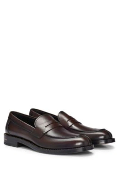 Shop Hugo Boss Leather Slip-on Loafers With Penny Trim In Dark Brown