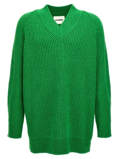 Jil Sander Oversized V Neck Ribbed Knit Sweater In Green