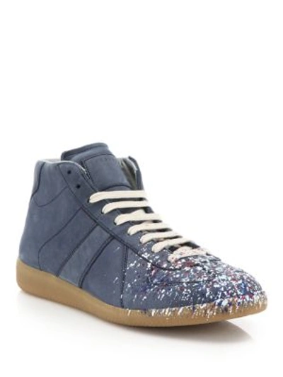 Shop Maison Margiela Paint Mid-top Replica Calf Leather Sneakers In Blue