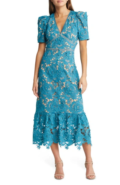 Shop Adelyn Rae Wanda Floral Lace Puff Sleeve Dress In Teal