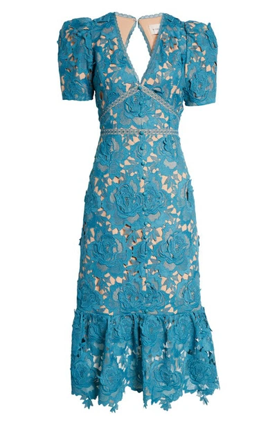 Adelyn Rae Wanda Floral Lace Puff Sleeve Dress In Teal
