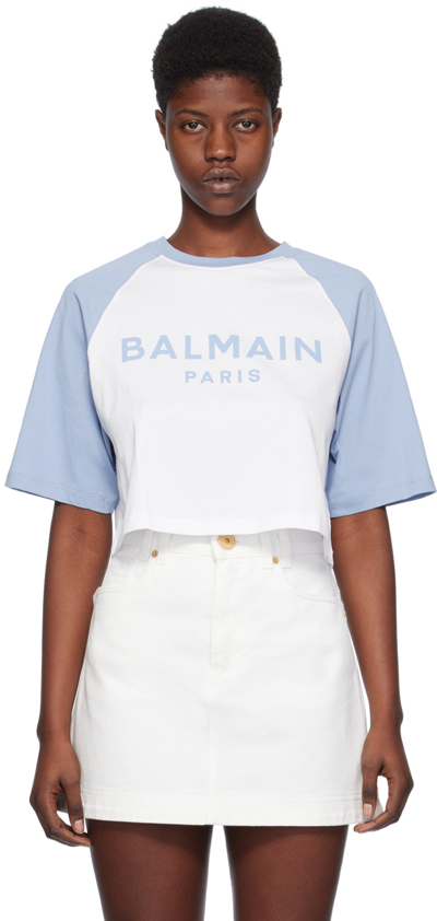Shop Balmain White & Blue Raglan Sleeve T-shirt In Grw Blanc/bleu Pâle