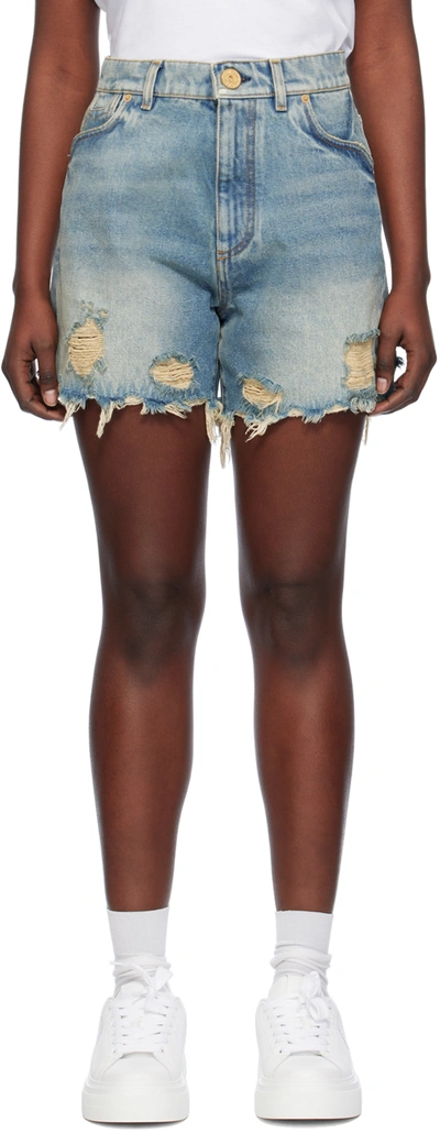 Balmain Mid-rise Frayed Denim Shorts In 6ff Bleu Jean