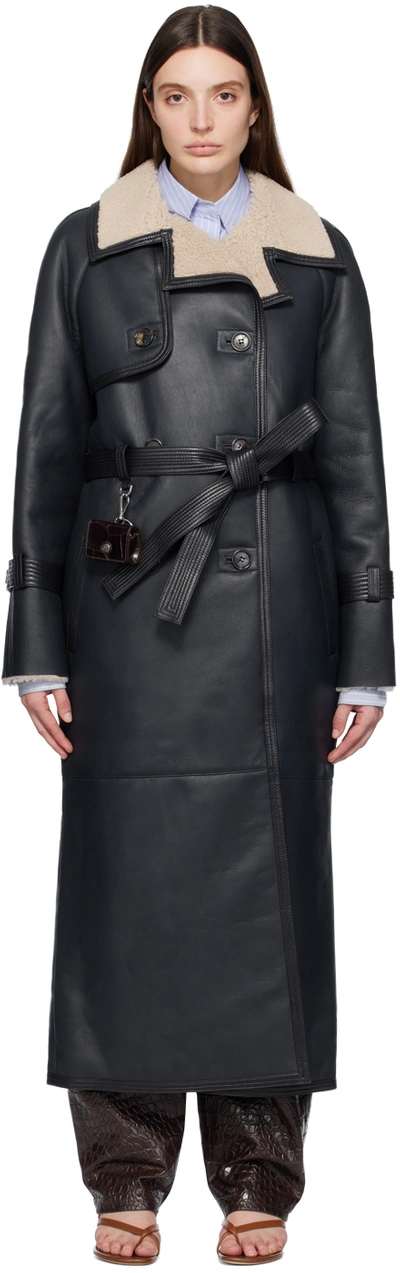 Shop Saks Potts Navy Alexa Leather Trench Coat In Navy / Beige